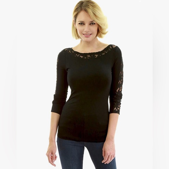Amélieboutik Tops - AmélieBoutik Women Boat Neck Lace Inset Long Sleeve Blouse- Black